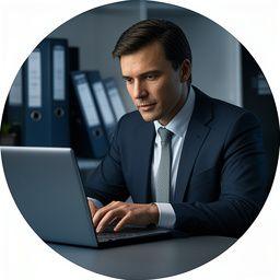Senior associate in business attire studying a regulatory binder beside a laptop