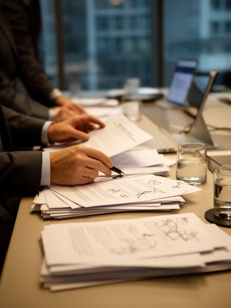 Corporate lawyers reviewing an acquisition agreement at a long table with annotated documents and warm office lighting