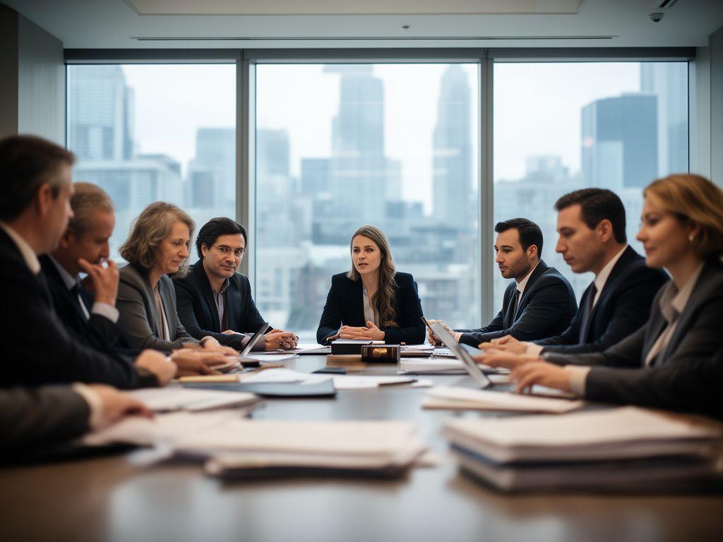 Toronto legal strategy meeting in a modern boardroom with case files, laptops and a city skyline beyond the glass