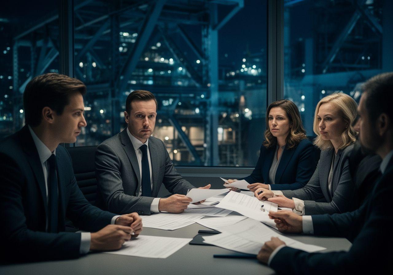 Toronto litigation team reviewing industrial documents beside a steel-clad boardroom window with city lights outside