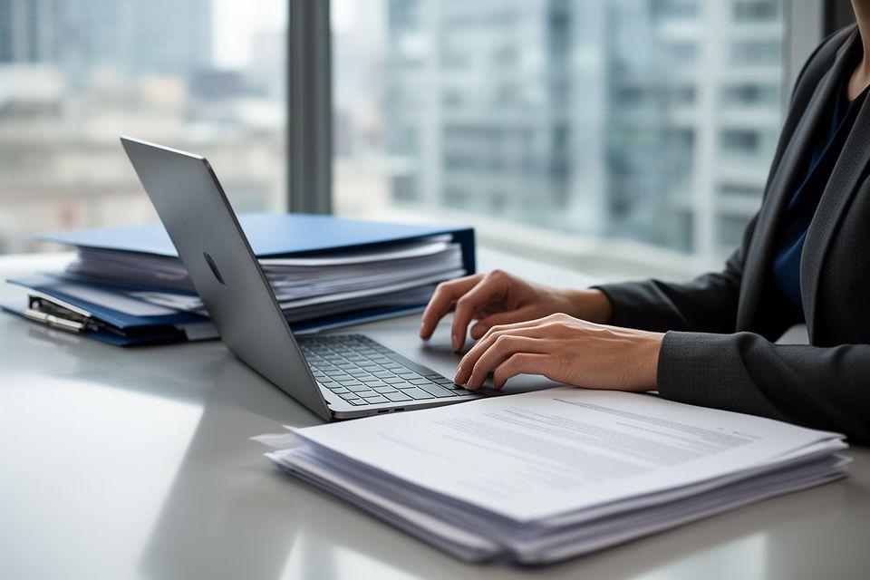A legal professional reviewing privacy files at a polished desk in a Toronto office with documents, laptop, and daylight