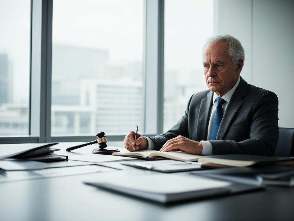 A senior legal team in a modern Toronto boardroom reviewing trial notes beside a wide window