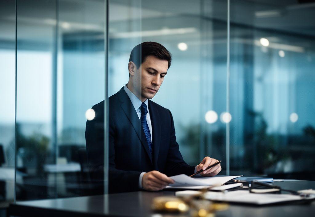 Legal strategist reviewing case notes beside a glass wall in a modern Toronto boardroom