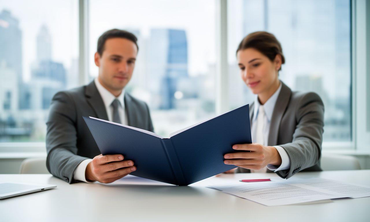 Barristers reviewing a contract folder in a glass meeting room with legal notes and a city skyline behind them