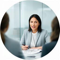 Senior associate speaking with a client in a glass meeting room and taking notes