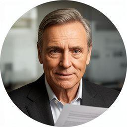 Senior litigation partner in a charcoal suit reviewing documents in a Toronto office